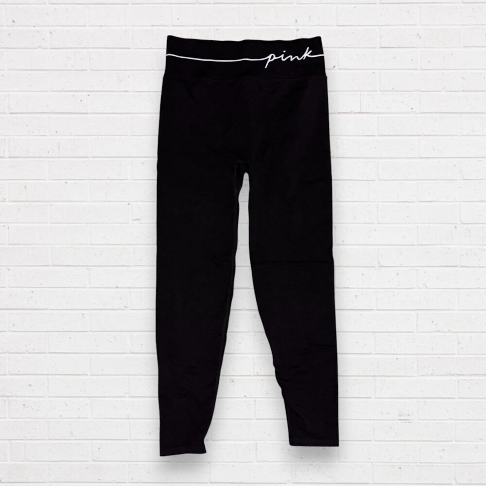 VICTORIA'S SECRET Pink Ribbed Waist Black Active Athletic Leggings